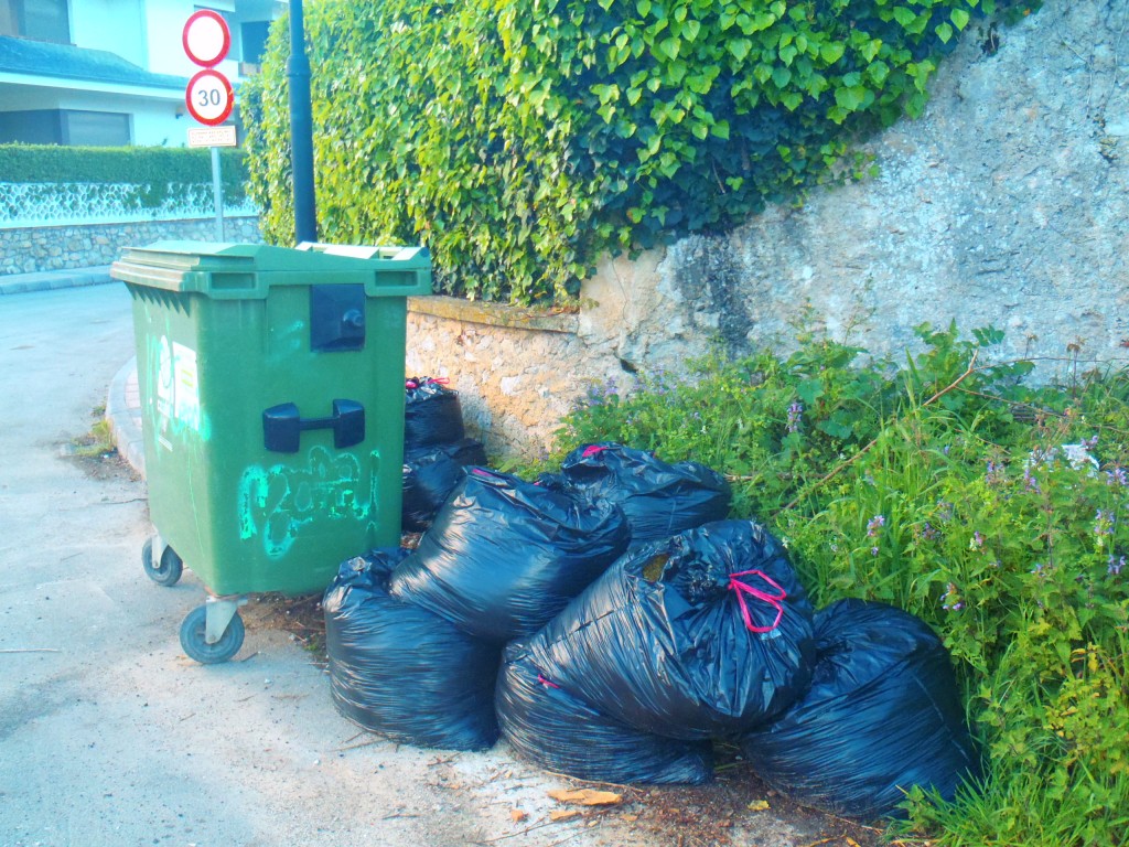 Varios sacos con hierba en un cubo de basura junto a la urbanización "El Bosque" de Celorio - Celoriu.com
